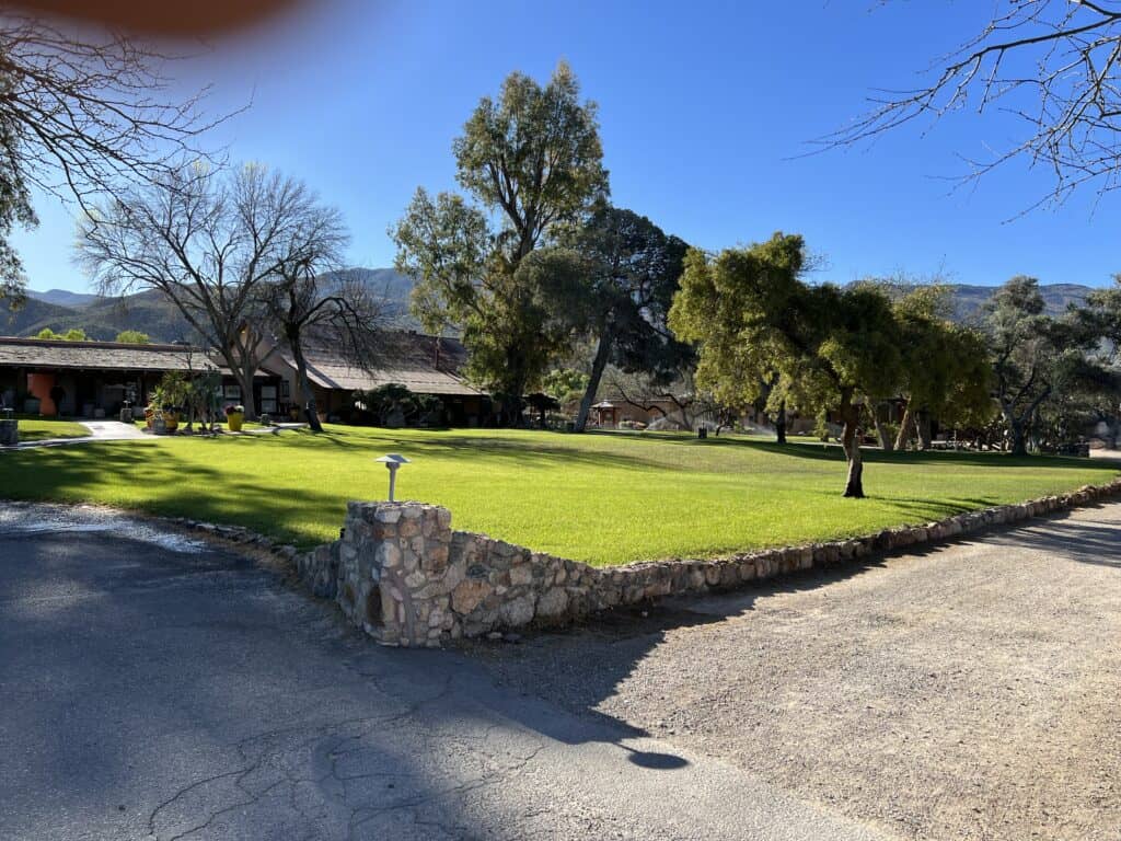 View of a green lawn with trees, surrounded by out buildings.