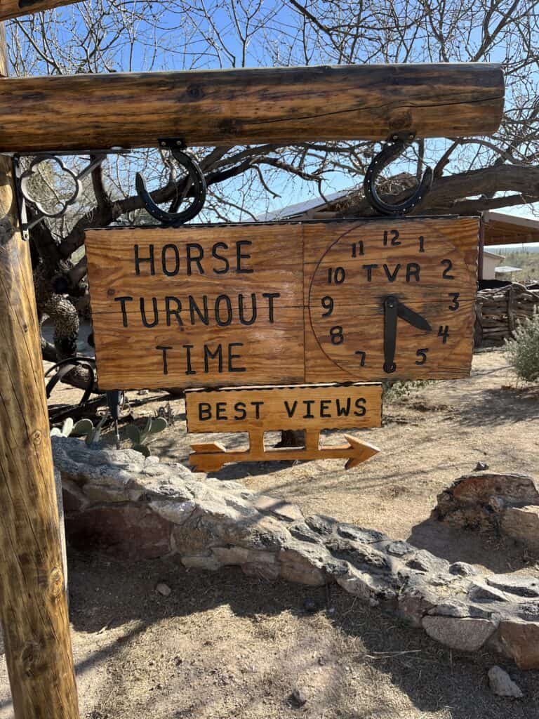 Sign that says "Horse Turnout Time". 