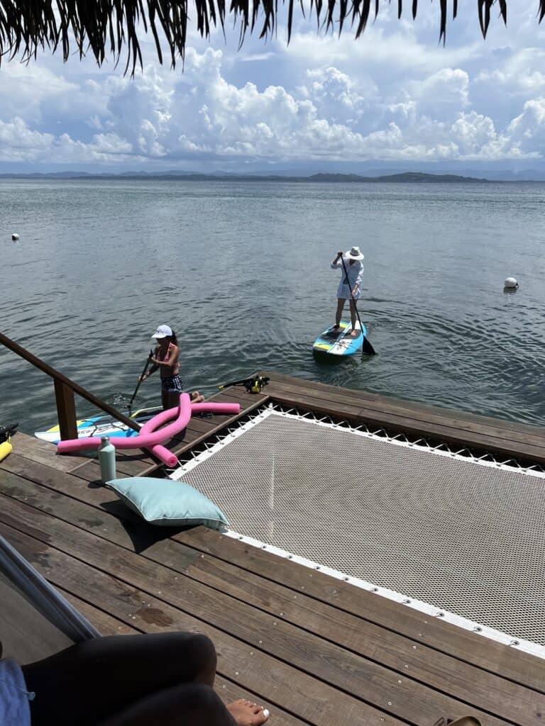 Photo of two people paddle boarding.