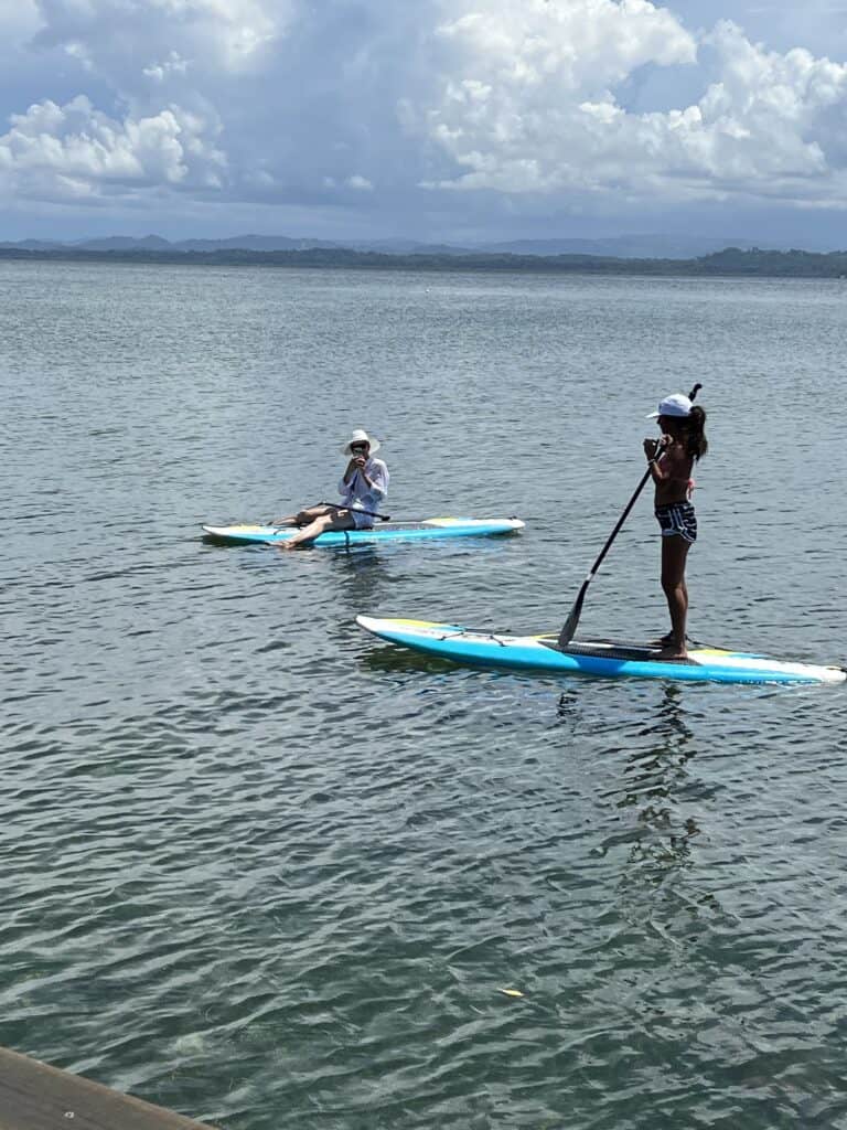 Two women paddleboarding in the ocean. 