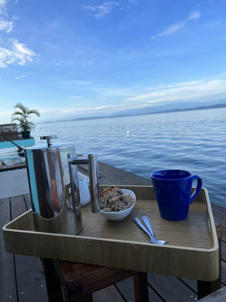 Photo of tray on the deck with coffee pot, mug and homemade banana bread.