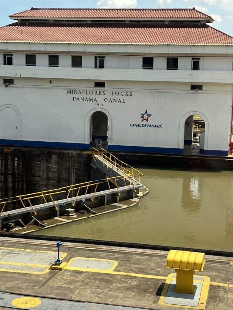 The main building at the Miraflores Visitor Center and locks at the Panama Canal.