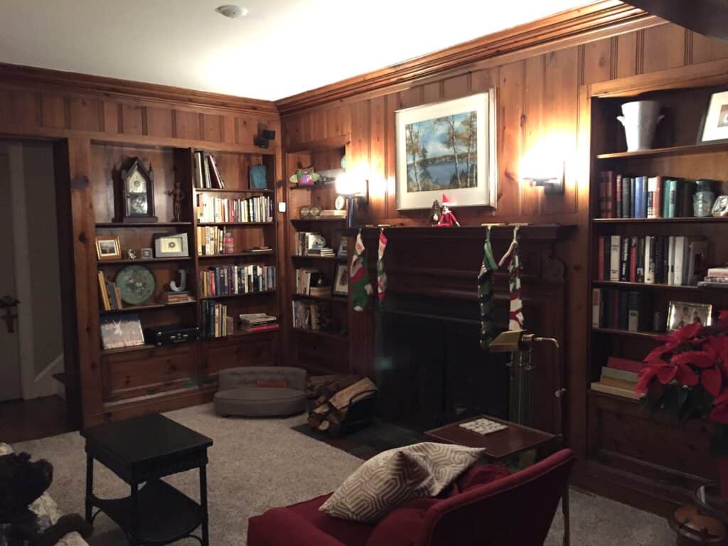 Another view of the dark and moody family room, including a fireplace and bookshelves.