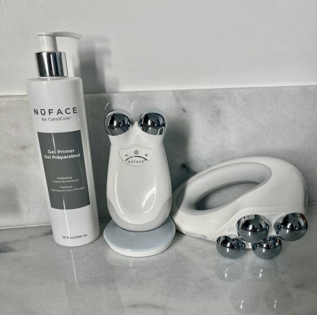 Photo of the NuFace Trinity, the NuBody and the NuFace conducting gel. 