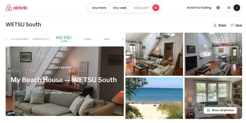 Airbnb listing of a cute beach house, with multiple interior and exterior photos.