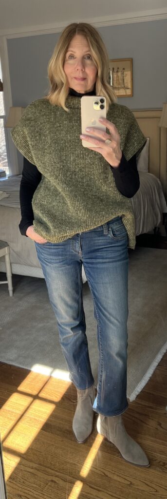 Photo of me in mid-rise, cropped jeans as I talk about how I adapted my style to my body type.  