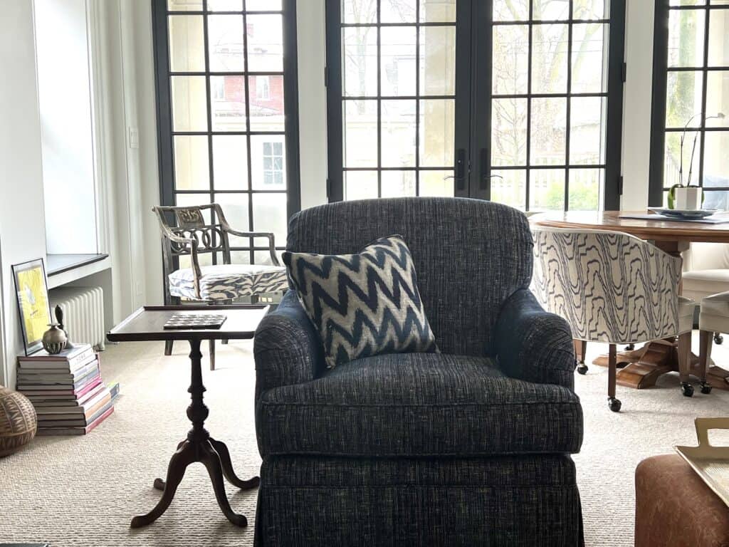 Blue English roll arm side chair now at the perfect height. 