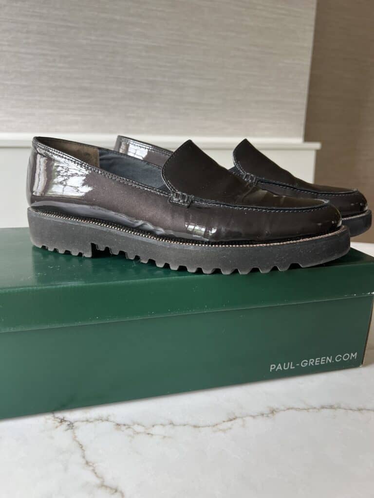 Photo of dark grey patten loafers by Paul Green. 