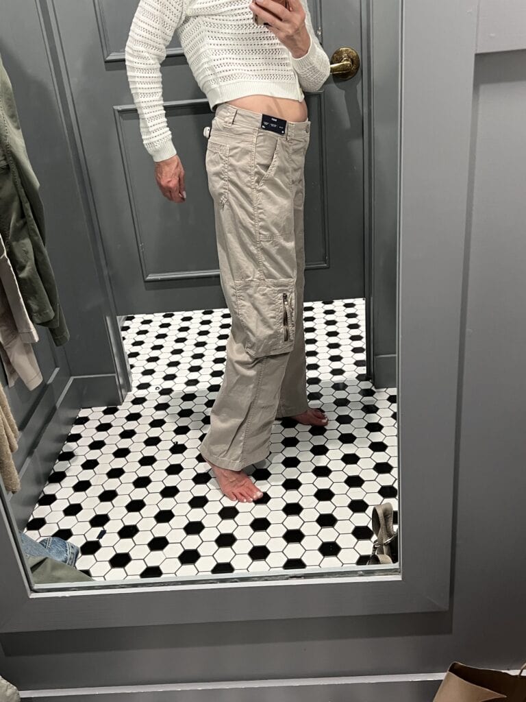 Sideview of woman in taupe Khaki cargo pants