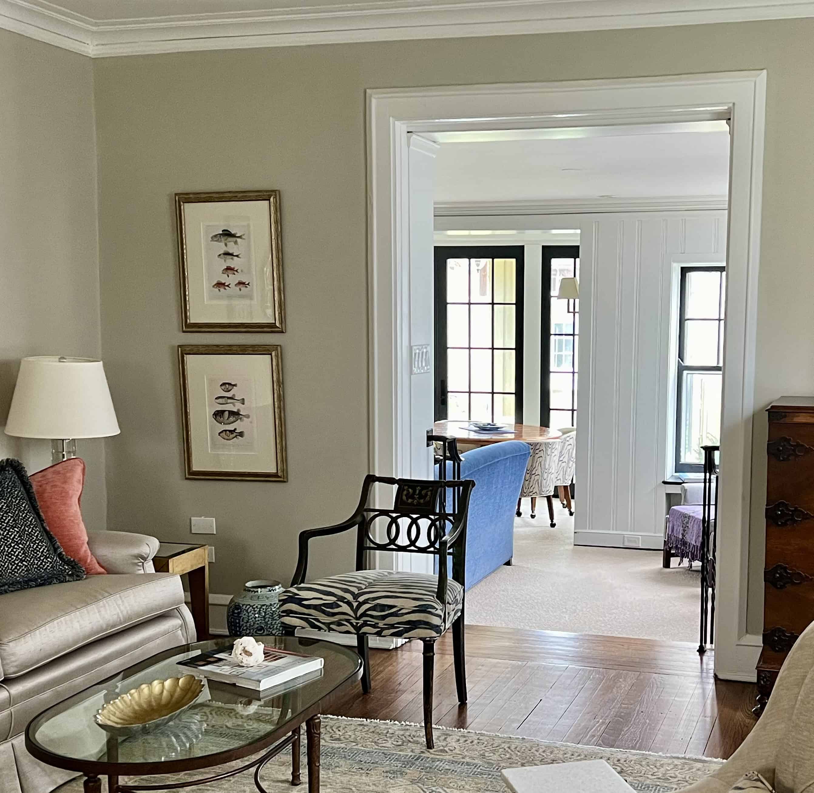 Photo of a zebra print chair in the living room.