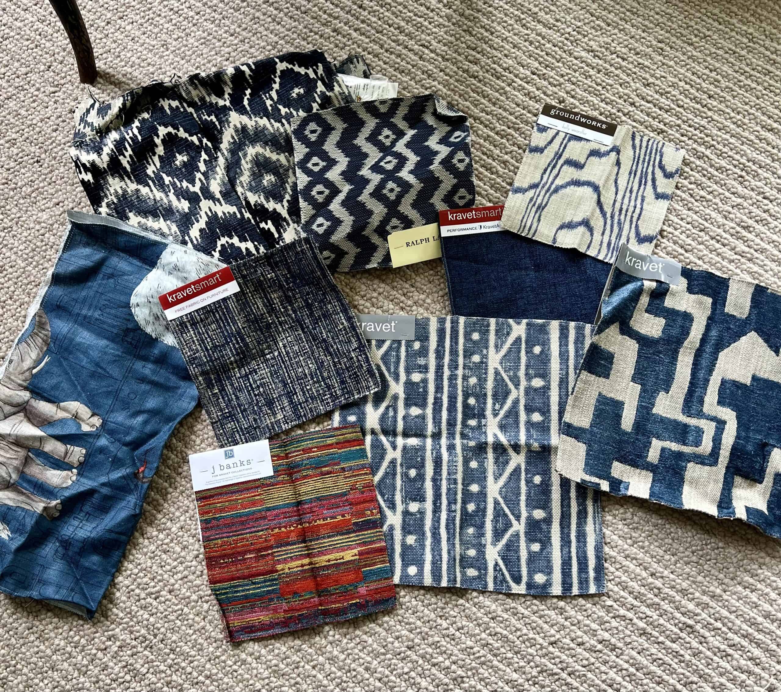 Multiple samples of different fabric used to determine which to use in the family room "Nancy Meyers meets Jane Goodall" project. 