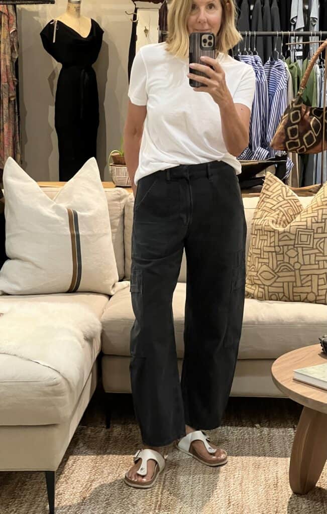 Woman trying on Citizens of Humanity Marcella barrel cargo pant to add to her fall wardrobe refresh.