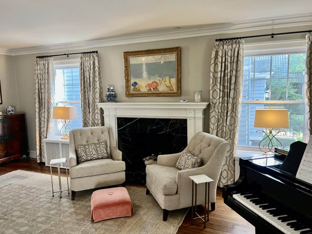 The south side of the living room with different, but complimentary, lighting.