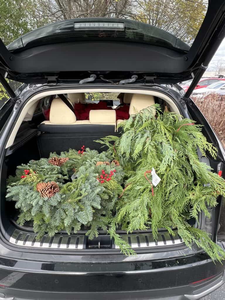 Photo of the back of a car, filled with garland, wreaths and poinsettia's from Costco. 