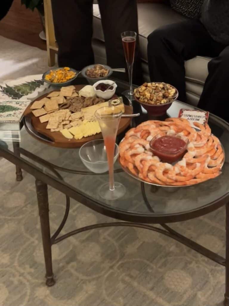 Close up of the shrimp cocktail and cheese board on Christmas Day.