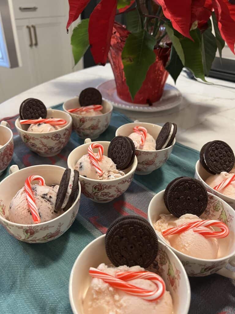 Photo of bowls of homemade pepermint icecream ready to be served. 