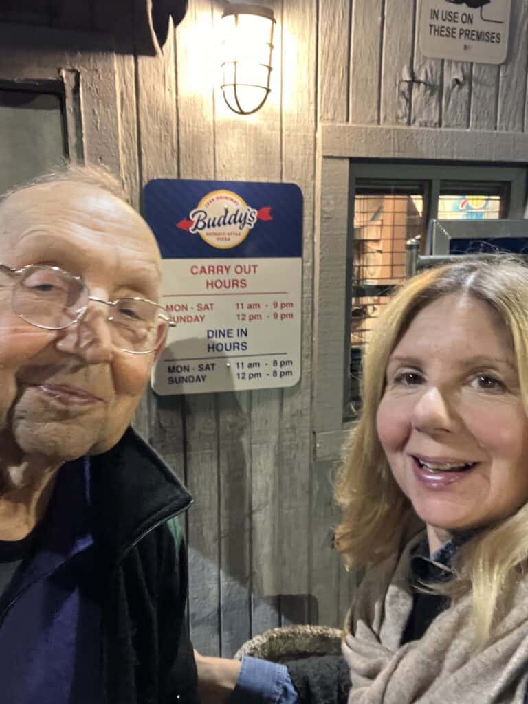 Dad and I having dinner at Buddy's pizza in Detroit. 